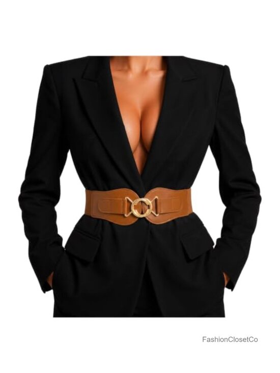 Accessories - Wide Waist Belt for Dresses Stretchy Woven Elastic Gold-Tone Buckle Office